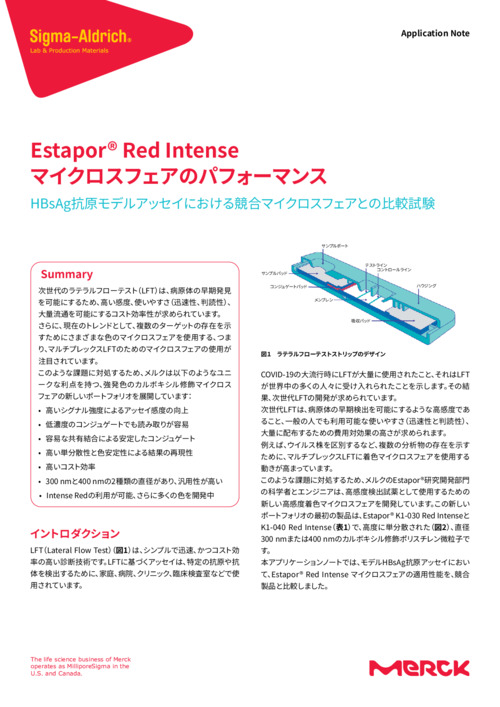 Estapor® Red Intense マイクロスフェアのパフォーマンス HBsAg抗原モデルアッセイにおける競合マイクロスフェアとの比較試験 表紙