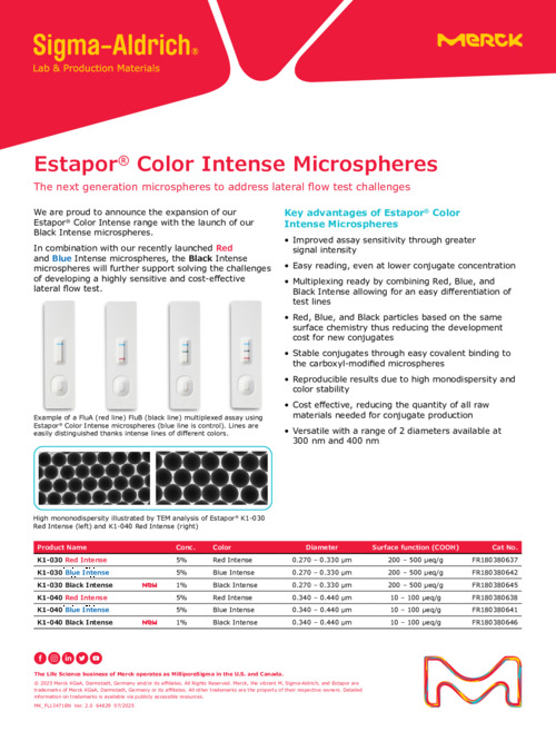 Estapor® Color Intense Microspheres ~The next generation microspheres to address lateral flow test challenges~ 表紙